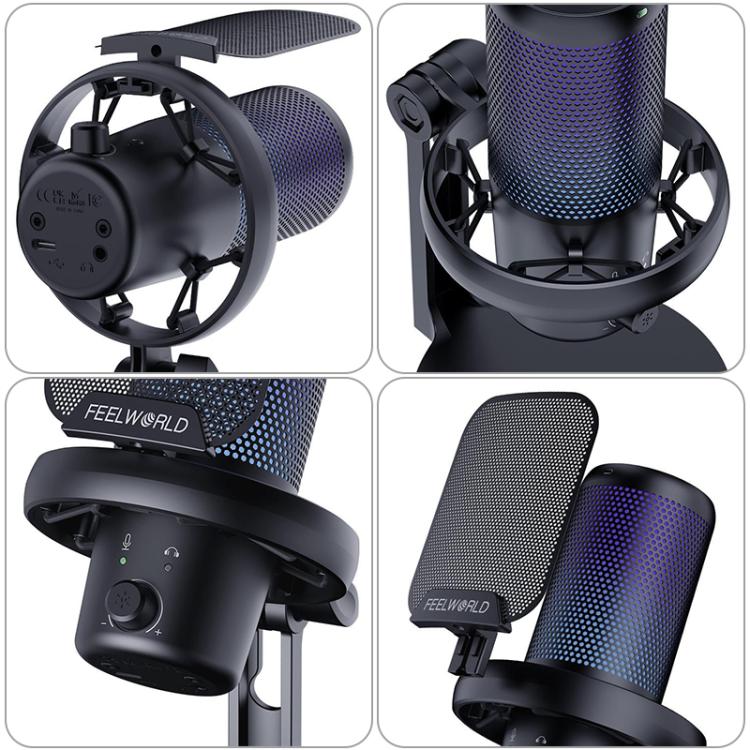 FEELWORLD VM1 USB Condenser Gaming Microphone for Streaming Noise Cancellation Mute RGB Light Desktop Stand, VM1-XS