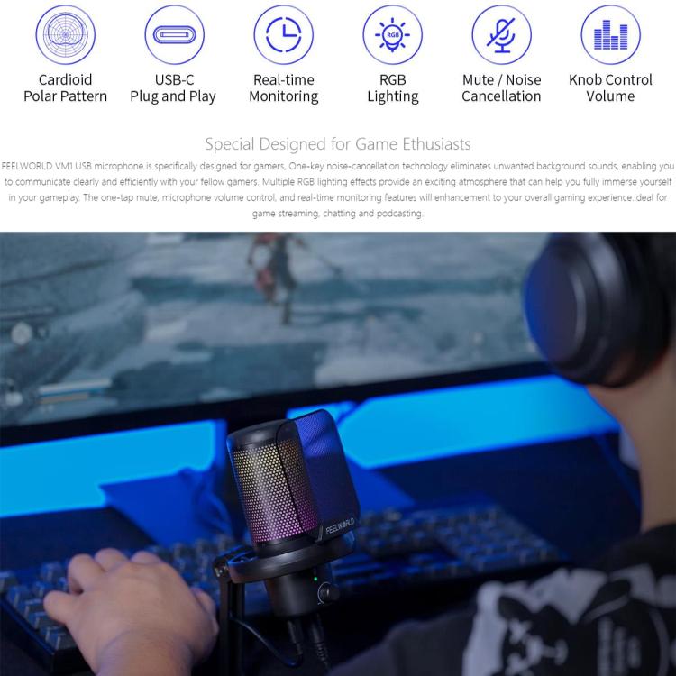 FEELWORLD VM1 USB Condenser Gaming Microphone for Streaming Noise Cancellation Mute RGB Light Desktop Stand, VM1-XS