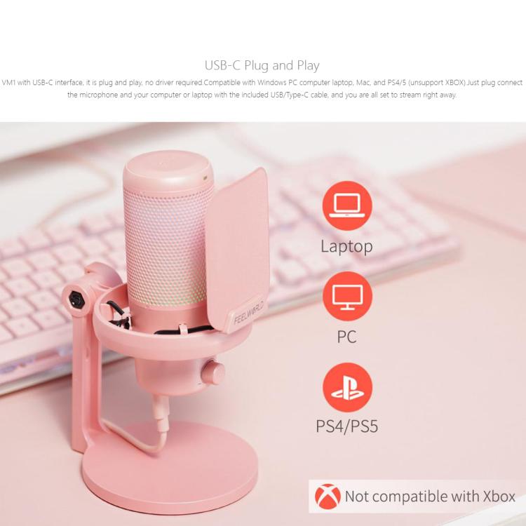FEELWORLD VM1 USB Condenser Gaming Microphone for Streaming Noise Cancellation Mute RGB Light Desktop Stand, VM1-XS