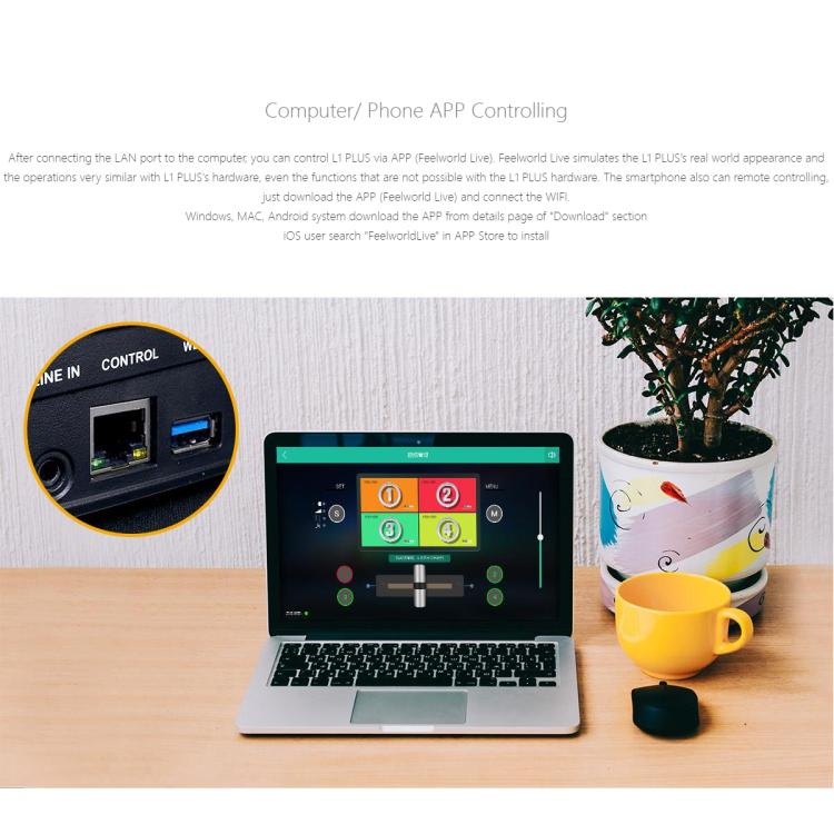 FEELWORLD L1 PLUS Multi-camera Video Mixer Switcher Touch Screen PTZ Control USB3.0 Fast Streaming Switcher, L1 PLUS