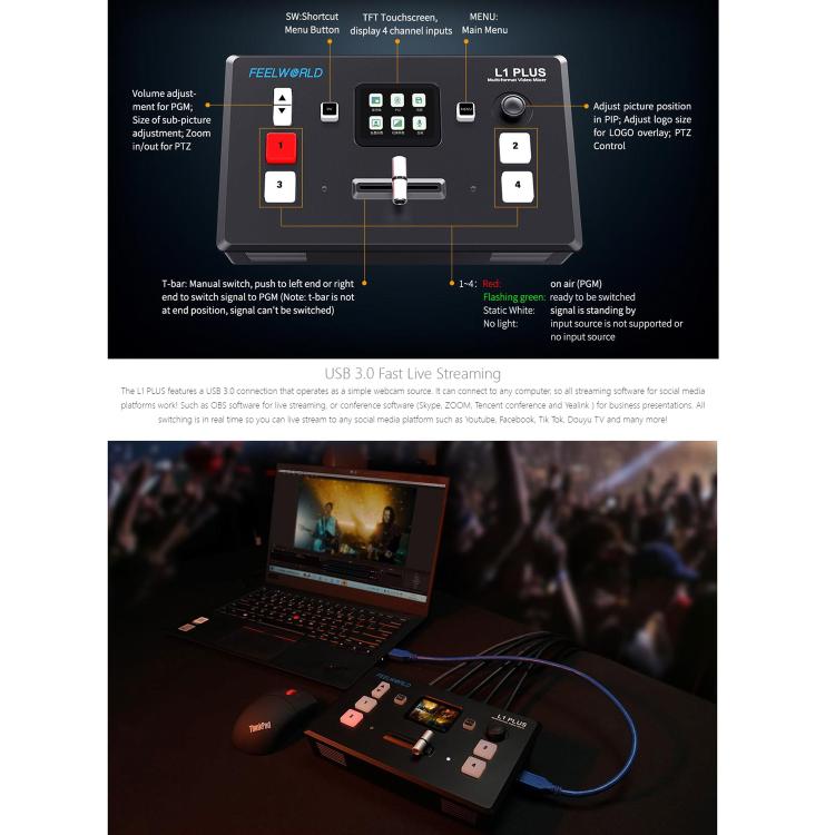 FEELWORLD L1 PLUS Multi-camera Video Mixer Switcher Touch Screen PTZ Control USB3.0 Fast Streaming Switcher, L1 PLUS