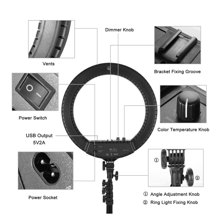 MANTOO RL-12 II 100-240V 28W 12 inch Two-color Dimmable Ring Fill Light with Tripod, 12 inch