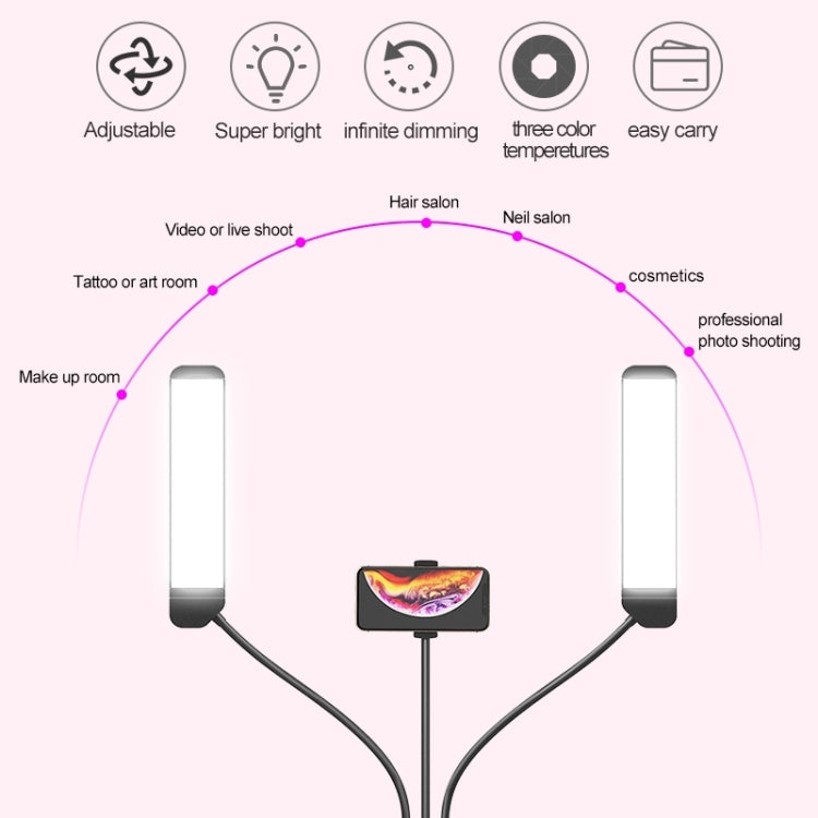 RK39 Portable Tri-color Adjustable Brightness Double Arms Fill Light with Phone Clip