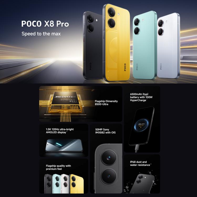 Xiaomi POCO X8 Pro Global, 12GB+512GB, In-screen Fingerprint, 6.59 inch Xiaomi HyperOS 3 Dimensity 8500-Ultra Octa Core, NFC, Network: 5G, 12GB+512GB