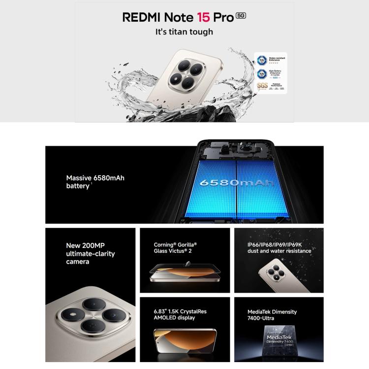 Xiaomi Redmi Note 15 Pro 5G Global, 12GB+256GB, In-screen Fingerprint, 6.83 inch Xiaomi HyperOS 2 MediaTek Dimensity 7400-Ultra Octa Core, Network: 5G, NFC, 12GB+256GB