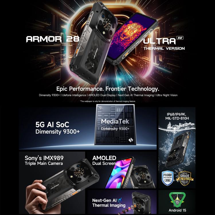 Ulefone Armor 28 UltraThermal Version  Rugged Phone, 16GB+1TB, Night Vision, 10600mAh, 6.67 inch Android 14 MediaTek Dimensity 9300+ Octa Core, Network: 5G, NFC, Armor 28 Ultra Thermal Version