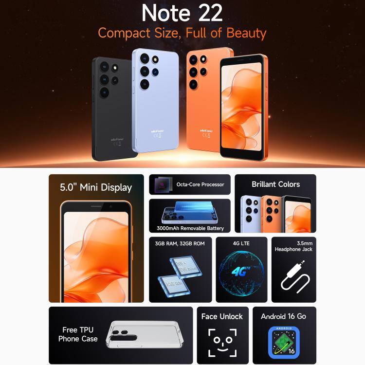 Ulefone Note 22, 3GB+32GB, 5.0 inch Android 16 Go Unisoc T7100 Octa Core, Network: 4G, OTG