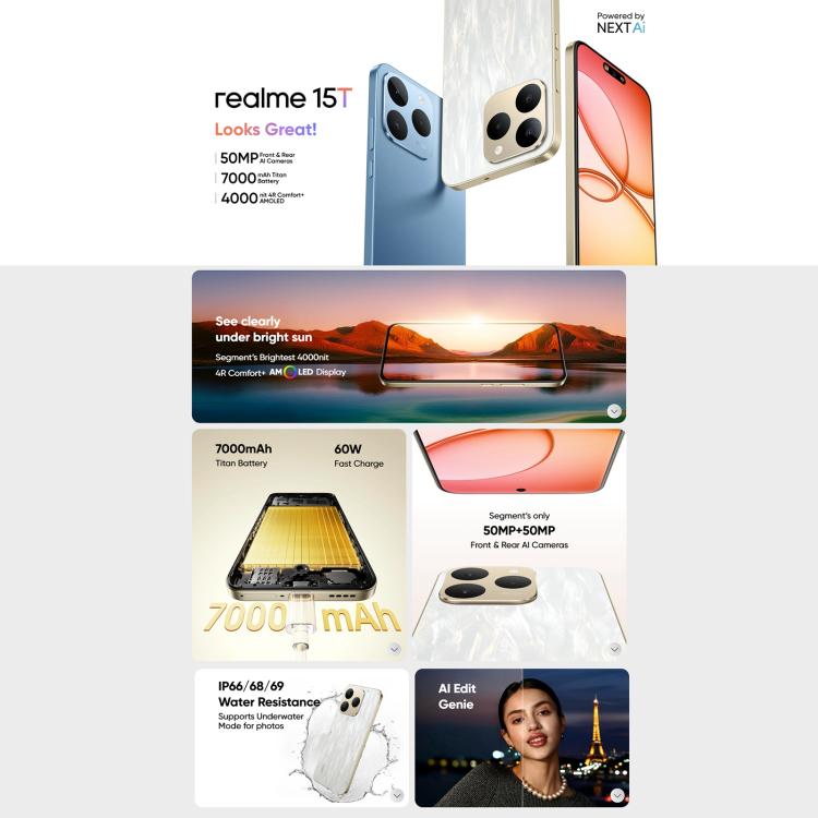 Realme 15T, 12GB+256GB, Screen Fingerprint Identification, 6.57 inch Realme UI 6.0 Android 15 MediaTek Dimensity 6400 Max Octa Core, NFC, Network: 5G, 12GB+256GB