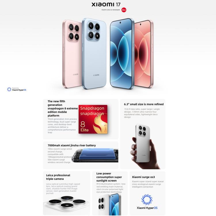 Xiaomi 17, 16GB+512GB, 3D Ultrasonic Fingerprint, 6.3 inch Xiaomi HyperOS 3 Snapdragon 8 Elite Gen 5 Octa Core, NFC, Network: 5G, 16GB+512GB