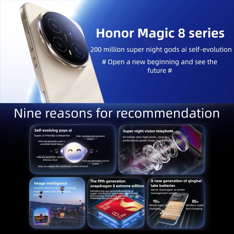 Honor Magic8, 12GB+256GB, Screen Fingerprint, 6.58 inch MagicOS 10.0 / Android 16 Snapdragon 8 Elite Gen 5th Octa Core, Network: 5G, NFC, OTG, 12GB+256GB