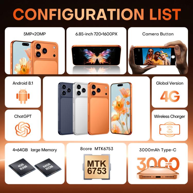 i17 Pro Max / A19, 4GB+64GB, 6.85 inch Android 8.1 MTK6762 Octa Core, Network: 4G, Dual SIM, US Plug, US Plug