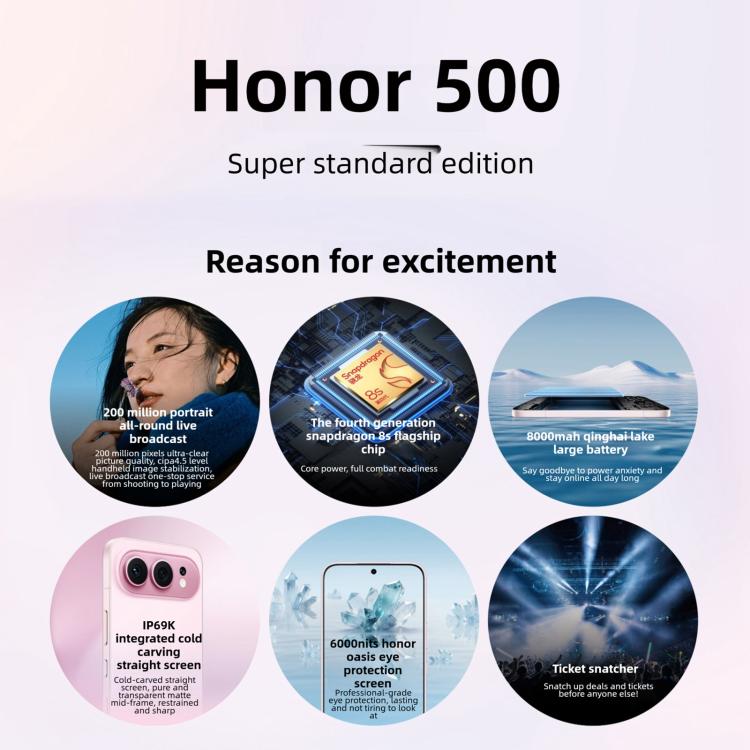 Honor 500, 12GB+512GB, Screen Fingerprint, 6.55 inch MagicOS 10.0 / Android 16 Snapdragon 8s Gen 4 Octa Core, Network: 5G, NFC, OTG, Honor 500, 12GB+512GB