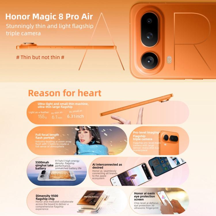 Honor Magic8 Pro Air, 12GB+256GB, Screen Fingerprint, 6.31 inch MagicOS 10.0 / Android 16 Dimensity 9500 Octa Core, Network: 5G, NFC, OTG, 12GB+256GB