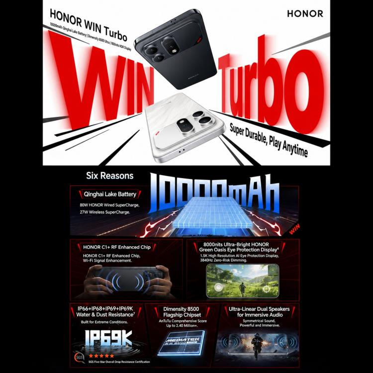 Honor WIN Turbo, 16GB+512GB, 10000mAh Battery, 6.79 inch MagicOS 10.0 / Android 16 Dimensity 8500 Racing Edition Octa Core, Network: 5G, NFC, OTG, 16GB+512GB