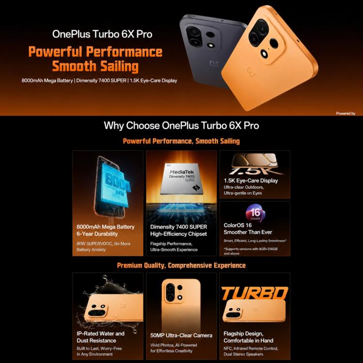 OnePlus Turbo 6X Pro, 8GB+256GB, Screen Fingerprint Identification, 6.78 inch ColorOS 16.0 MediaTek Dimensity 7400 SUPER Octa Core, NFC, Network: 5G, 8GB+256GB