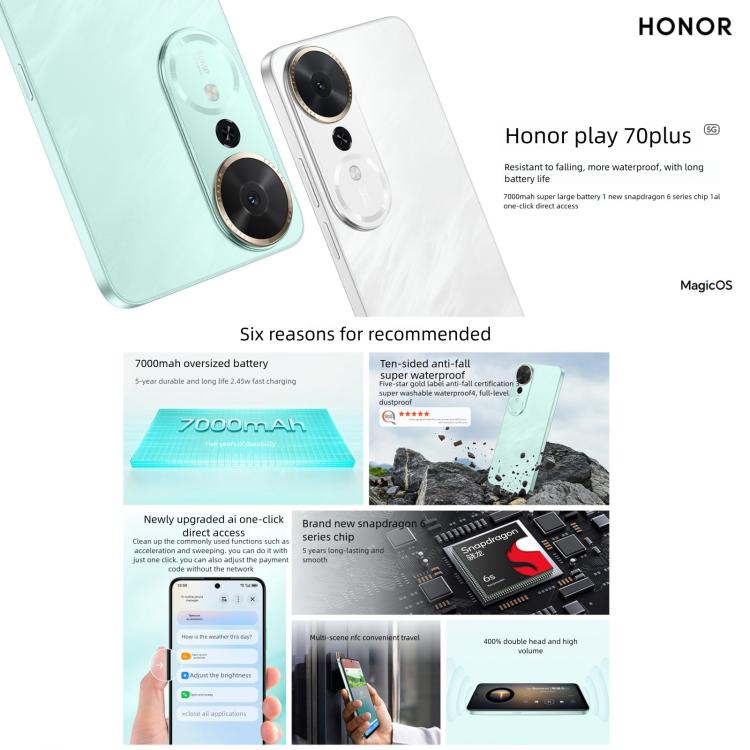 Honor Play 70 Plus, 12GB+256GB, Side Fingerprint, 6.77 inch MagicOS 9.0 Snapdragon 6s Gen 3 Octa Core, Network: 5G, NFC, OTG, 12GB+256GB