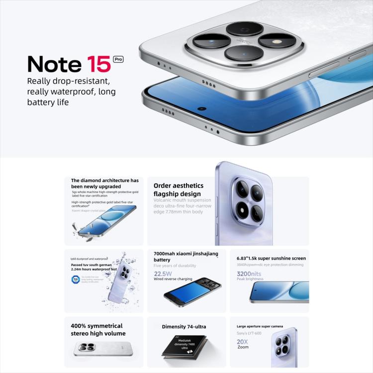 Xiaomi Redmi Note 15 Pro 5G, 12GB+512GB, 6.83 inch Xiaomi HyperOS 2 Dimensity 7400-Ultra Octa Core, Network: 5G, NFC, 12GB+512GB