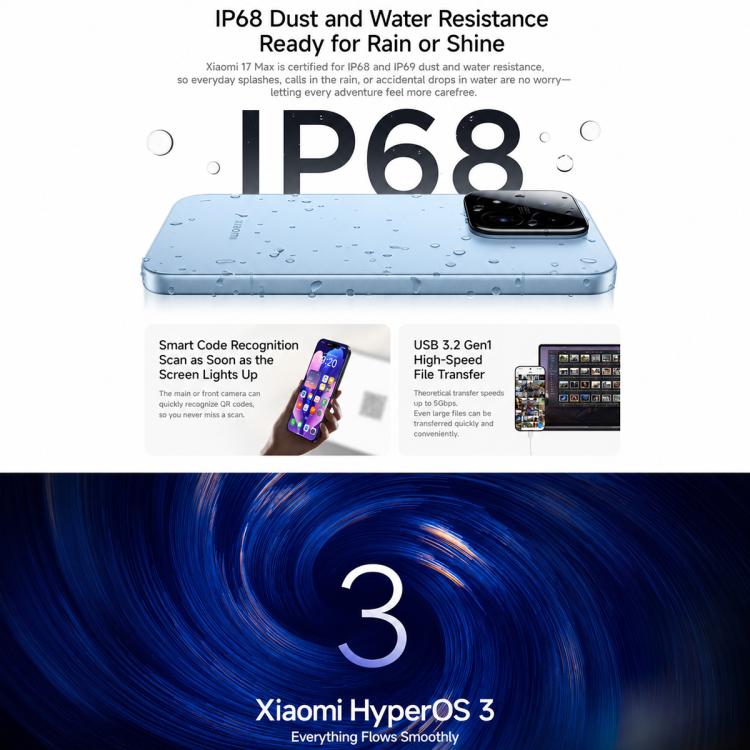 Xiaomi 17 Max, 16GB+256GB, 3D Ultrasonic Fingerprint, 6.9 inch Xiaomi HyperOS 3 Snapdragon 8 Elite Gen 5 Octa Core, NFC, Network: 5G, 16GB+256GB