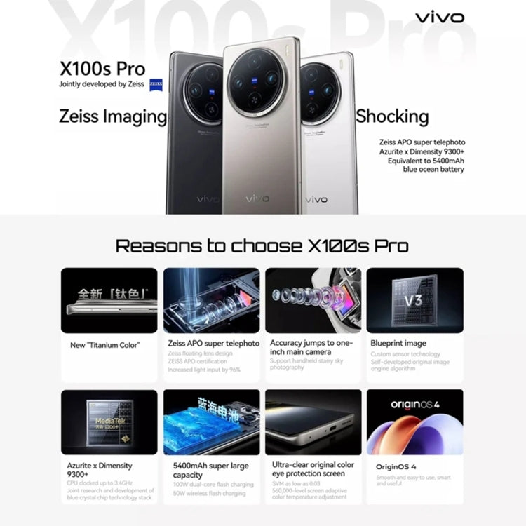 vivo X100s Pro, Triple Back Cameras, 12GB+256GB, Face ID / Fingerprint Identification, 6.78 inch Android 14 OriginOS 4 Dimensity 9300+ Octa Core, OTG, NFC, Network: 5G, Support Google Play, vivo X100s Pro, 12GB+256GB