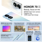 Triple Back Cameras, Screen Fingerprint Identification,  6.67 inch Magic UI 6.1 Qualcomm Snapdragon 778G Plus Octa Core up to 2.5GHz, Network: 5G, OTG, NFC, Not Support Google Play, Honor 70 5G 12GB+512GB, 12GB+512GB