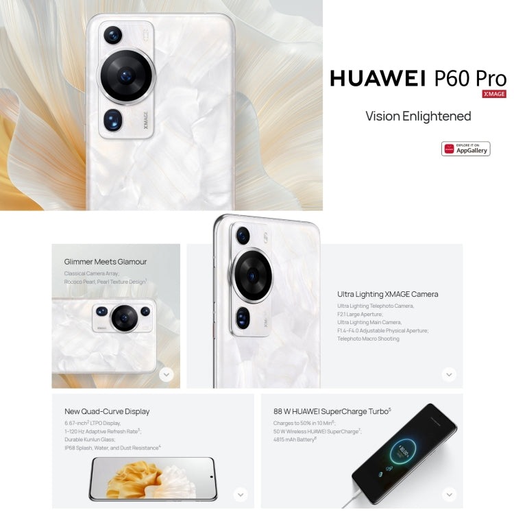 Triple Back Cameras, In-screen Fingerprint Identification, 6.67 inch HarmonyOS 3.1 Qualcomm Snapdragon 8+ 4G Octa Core up to 3.2GHz, Network: 4G, OTG, NFC, Not Support Google Play, P60 Pro, 512GB