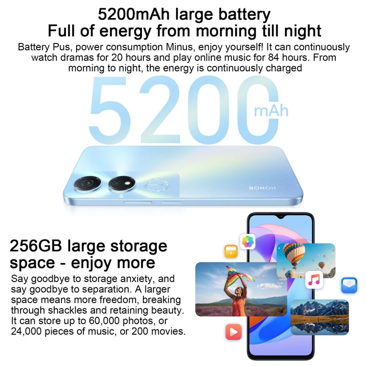 Face ID & Side Fingerprint Identification, 5200mAh, 6.56 inch MagicOS 7.1 / Android 13 Qualcomm Snapdragon 480 Plus Octa Core up to 2.2GHz, Network: 5G, Not Support Google Play, 8GB+256GB
