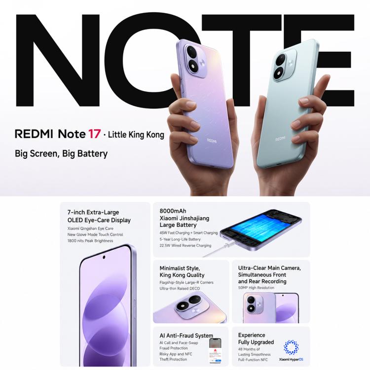 Xiaomi REDMI Note 17 5G, 8GB+256GB, 7 inch Xiaomi HyperOS 3 Snapdragon 4 Gen 4 Octa Core, NFC, Network: 5G, 8GB+256GB