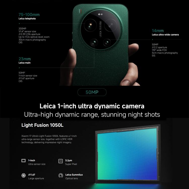 Xiaomi 17 Ultra Global, 16GB+1TB, Ultrasonic Fingerprint, 6.9 inch Xiaomi HyperOS 3 Snapdragon 8 Elite Gen 5 Octa Core, NFC, Network: 5G, 16GB+1TB(Black), 16GB+1TB (Green)