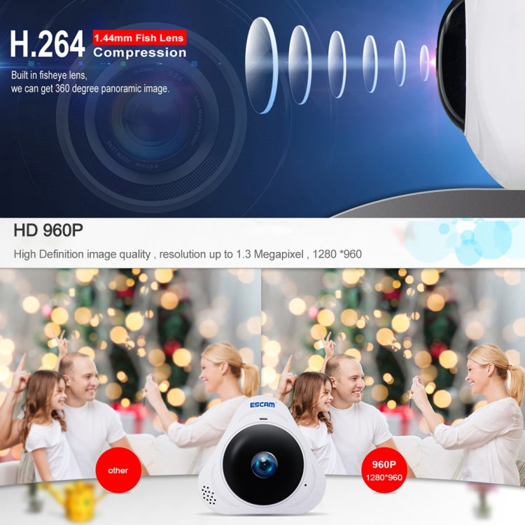 ESCAM Q8 960P 360 Degrees Fisheye Lens 1.3MP WiFi IP Camera, Support Motion Detection / Night Vision, IR Distance: 5-10m, AU Plug, Q8 US Plug, Q8  AU Plug, Q8 EU Plug, Q8 UK Plug