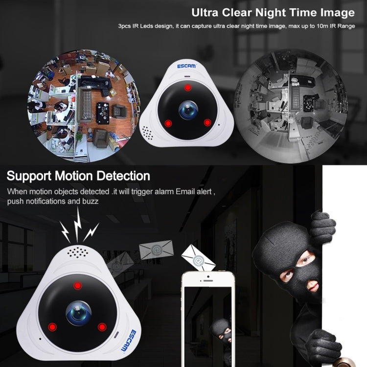 ESCAM Q8 960P 360 Degrees Fisheye Lens 1.3MP WiFi IP Camera, Support Motion Detection / Night Vision, IR Distance: 5-10m, AU Plug, Q8 US Plug, Q8  AU Plug, Q8 EU Plug, Q8 UK Plug