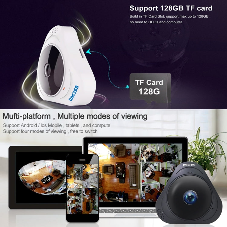 ESCAM Q8 960P 360 Degrees Fisheye Lens 1.3MP WiFi IP Camera, Support Motion Detection / Night Vision, IR Distance: 5-10m, AU Plug, Q8 US Plug, Q8  AU Plug, Q8 EU Plug, Q8 UK Plug