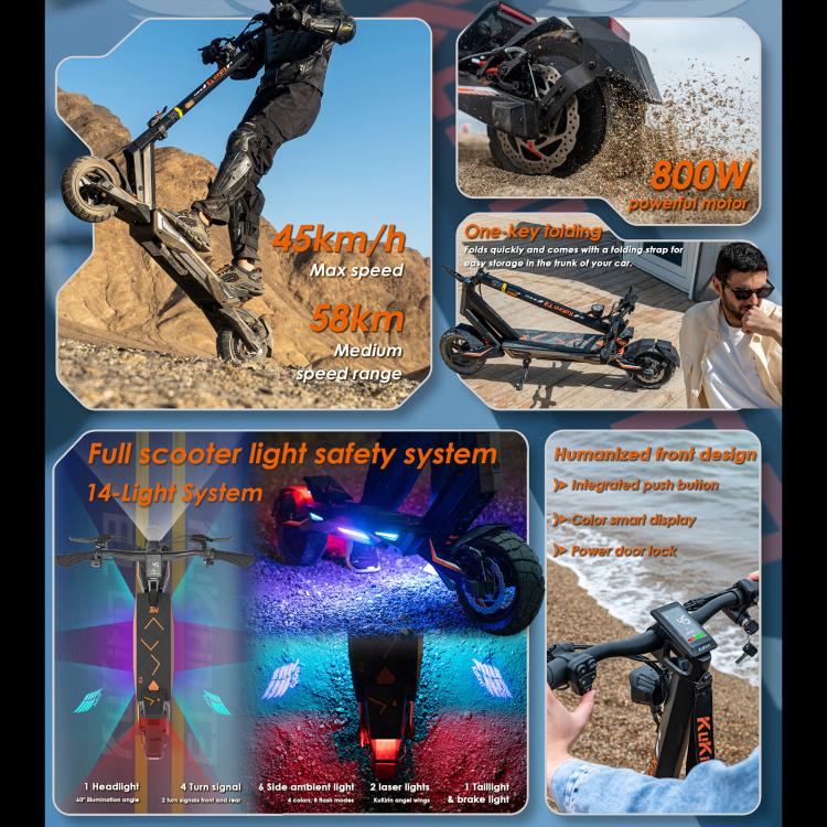 Kukirin T3 800W 45km/h Max Speed Folding Electric Scooter with 10 inch Vacuum Tires & 14-Light System, EU Plug(Black), T3