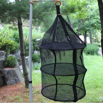 Camping Picnic Folding Tableware Vegetables Fruit Dry Net Hanging Mesh Dish Dryer Rack Shelf(Black), Round drying net
