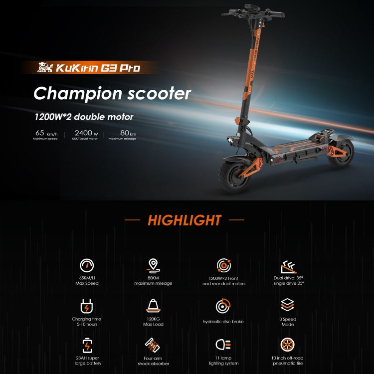 Kukirin G3 Pro 10 inch Tires 2400W 52V 23.4AH Three-speed Folding Electric Offroad Scooter with LED Display, G3 Pro
