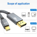 Mini DP Male to 8K DisplayPort 1.4 Male HD Braided Adapter Cable, Cable Length: 2m