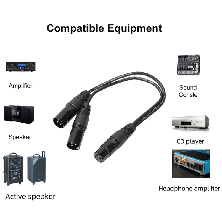 30cm 3 Pin XLR CANNON 1 Female to 2 Male Audio Connector Adapter Cable for Microphone / Audio Equipment, 1 Female to 2 Male Black