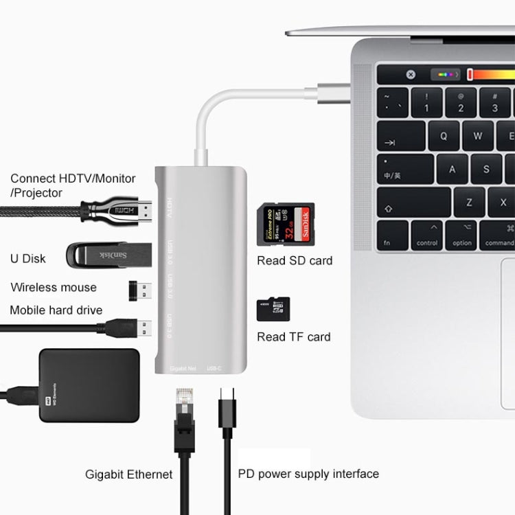 9591C 8 In 1 USB 3.0 x3 + SD / TF Card + HDMI + RJ45 + Type-C / USB-C (PD) Multi-function HUB Converter Dock Station