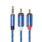 REXLIS 3610 3.5mm Male to Dual RCA Gold-plated Plug Blue Cotton Braided Audio Cable for RCA Input Interface Active Speaker, Length: 1.8m, Length: 1.8m