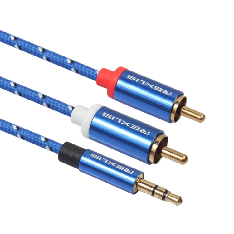 REXLIS 3610 3.5mm Male to Dual RCA Gold-plated Plug Blue Cotton Braided Audio Cable for RCA Input Interface Active Speaker, Length: 5m, Length: 5m