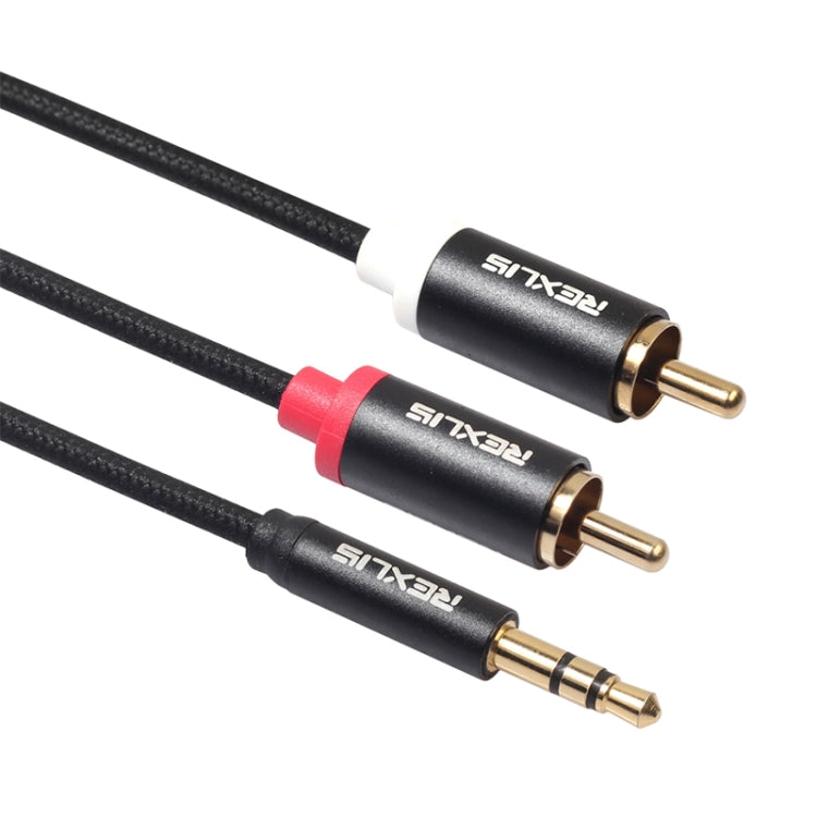REXLIS 3635 3.5mm Male to Dual RCA Gold-plated Plug Black Cotton Braided Audio Cable for RCA Input Interface Active Speaker, Length: 5m, Length: 5m