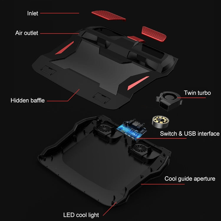 SSRQ-021S Red Light Version Flank Glowing Dual-fan Laptop Radiator Two-speed Adjustable Computer Base for Laptops Under 18 inch, Red Light Version