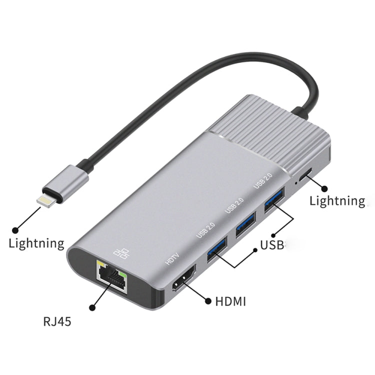 79591 6 in 1 8 Pin to RJ45 + HDMI + 8 Pin Charging + 3 USB 2.0 Ports Multifunctional HUB Converter Docking Station, 79591
