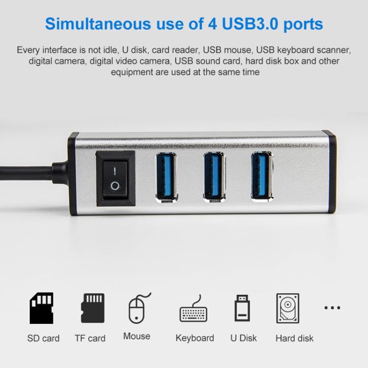 USB to 4 USB 3.0 Ports Aluminum Alloy HUB with Switch, USB