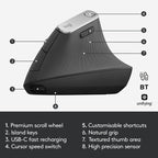 Logitech MX Vertical 4000DPI USB-C / Type-C + Unifying + Bluetooth Three-mode Ergonomic Wireless Vertical Optical Mouse, MX Vertical