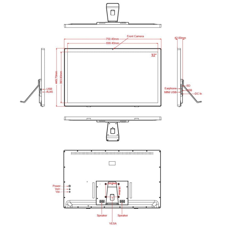 32 inch LCD Display Digital Photo Frame, RK3399 Dual-core A72 + Quad-core A53 up to 2.0GHz, Android 7.1, 2GB+16GB, Support WiFi & Ethernet & Bluetooth & SD Card & 3.5mm Jack