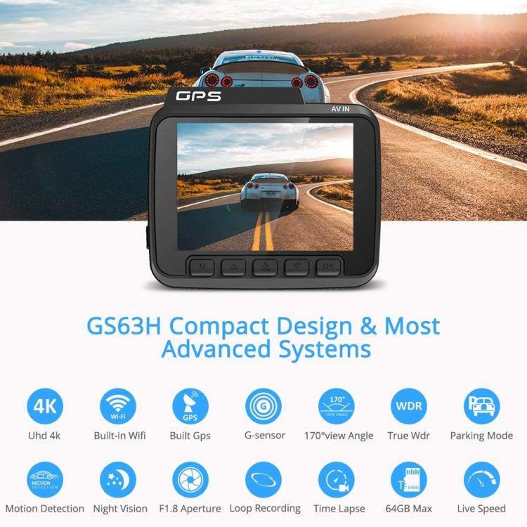 GS63H Car DVR Camera 2.4 inch LCD Screen HD 2880 x 2160P 150 Degree Wide Angle Viewing, Support Motion Detection / TF Card / G-Sensor / GPS / WiFi / HDMI, GS63H