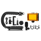 PULUZ U/C Shape Portable Handheld DV Bracket Stabilizer + LED Studio Light + Video Shotgun Microphone Kit with Cold Shoe Tripod Head  for All SLR Cameras and Home DV Camera, Bracket + Mic + LED(AE), Bracket Kits + Mic + LED(US), Bracket Kits + Mic + LED