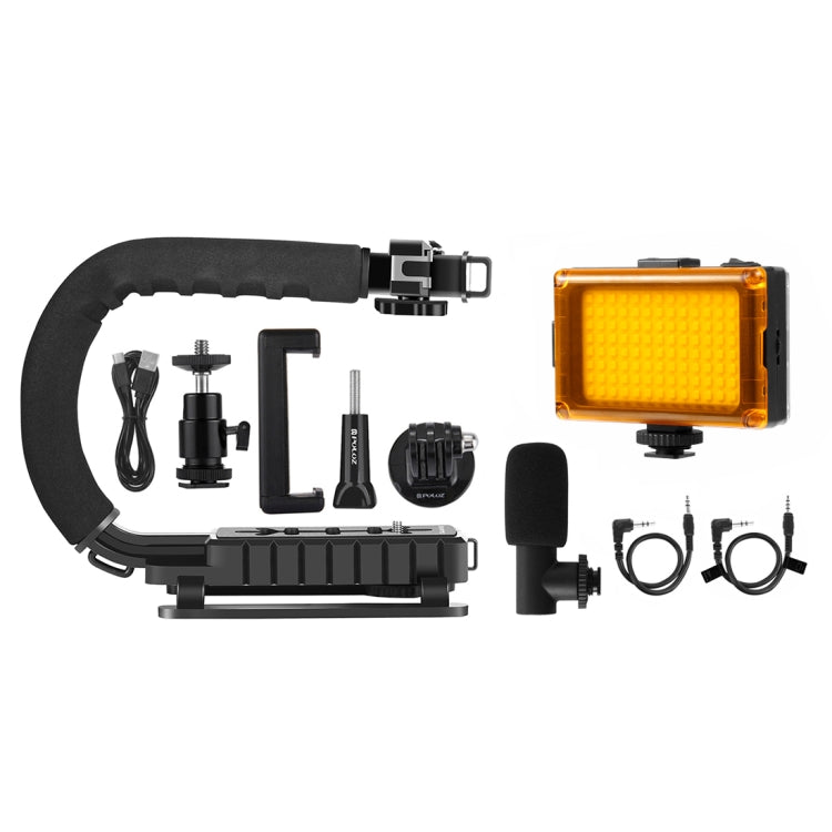 PULUZ U/C Shape Portable Handheld DV Bracket Stabilizer + LED Studio Light + Video Shotgun Microphone Kit with Cold Shoe Tripod Head  for All SLR Cameras and Home DV Camera, Bracket + Mic + LED(AE), Bracket Kits + Mic + LED(US), Bracket Kits + Mic + LED