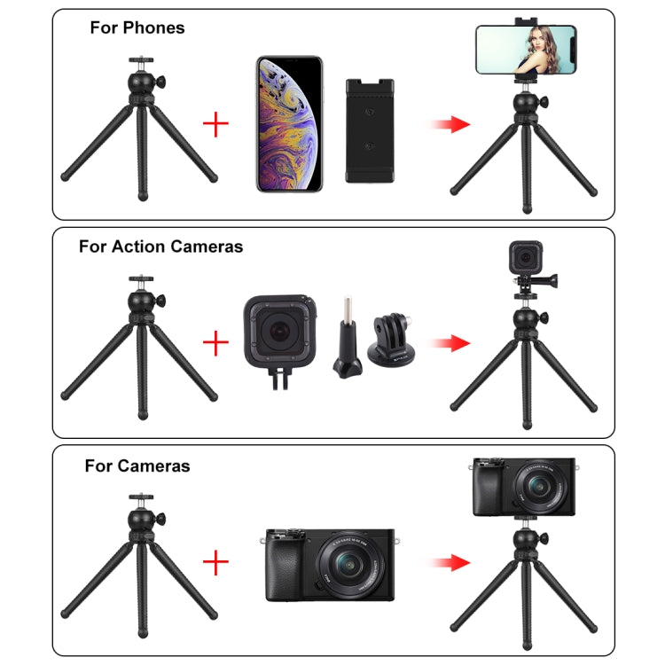 PULUZ Mini Octopus Flexible Tripod Holder with Ball Head & Phone Clamp + Tripod Mount Adapter & Long Screw for SLR Cameras, DJI, Insta360, GoPro and Other Action Cameras, Cellphone, Size: 25cmx4.5cm, 25cm Tripod + Phone Clamp