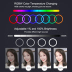PULUZ 11.8 inch 30cm RGBW Light + 1.65m Mount + Dual Phone Brackets Curved Surface RGBW Dimmable LED Ring Selfie Vlogging Light  Live Broadcast Kits with Cold Shoe Tripod Adapter & Phone Clamp & Remote Control, 11.8 inch RGBW+1.65m Tripod+Dual Bracket
